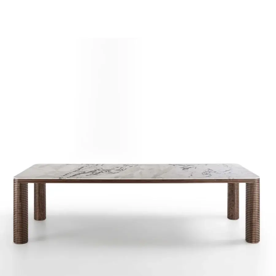 Exceptional Porada Sansiro table with cool grey marble and canaletto walnut, crafted with ribbed cylindrical legs