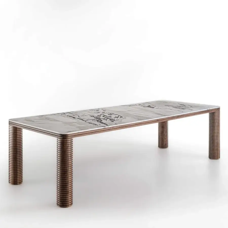 Superior Porada Sansiro table with polished marble displaying grey and brown veining, built with a canaletto walnut frame and ribbed legs