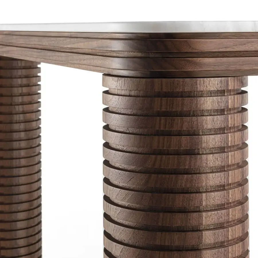Exceptional Porada Sansiro table with a gray marble top and ribbed canaletto walnut frame crafted in Italy