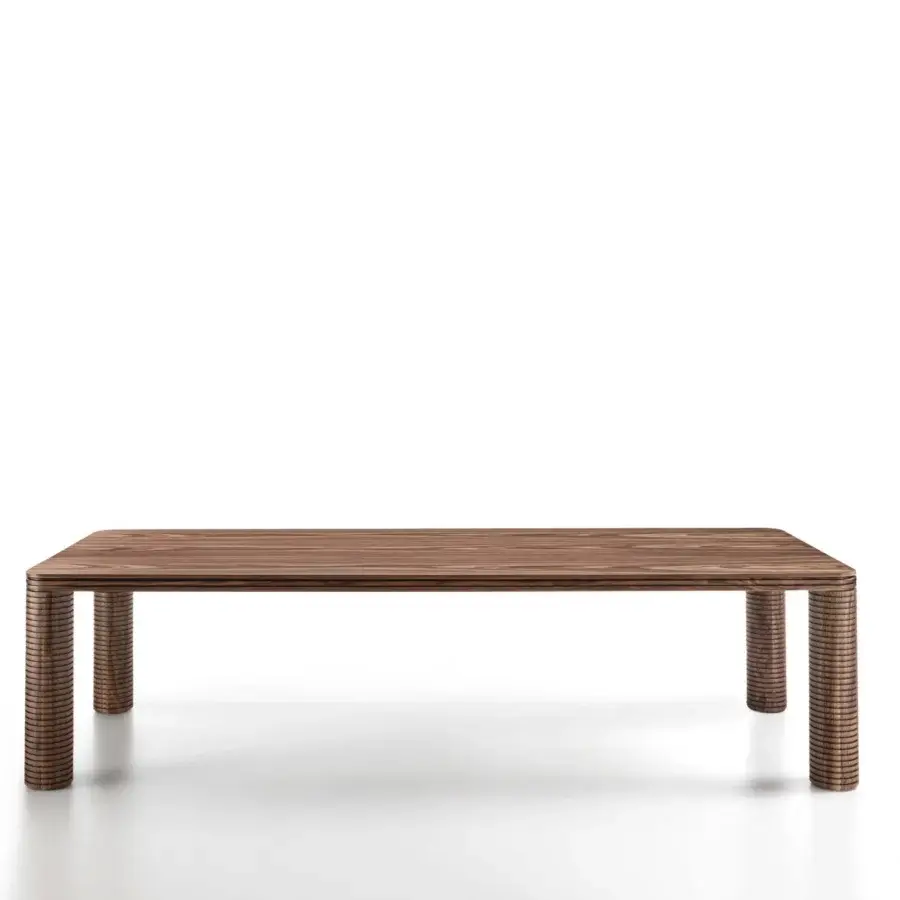 Distinctive Porada Sansiro table with a warm wood tabletop and solid canaletto walnut frame in a satin finish