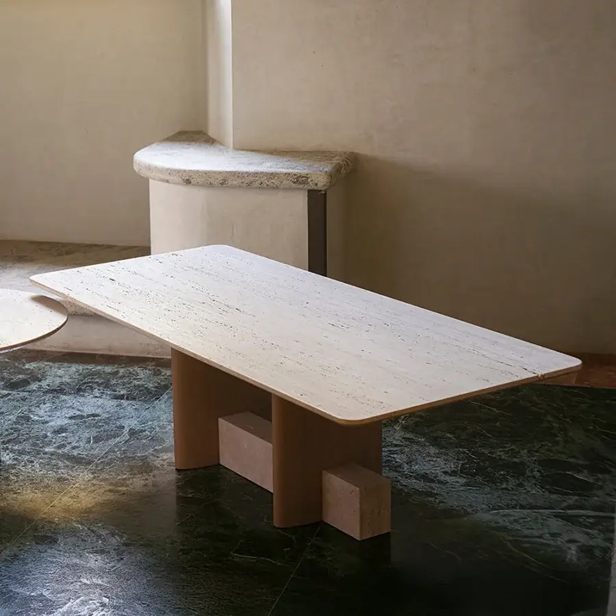 Superior Potocco Syn coffee table with creamy beige stone and satin light-brown wood built in Italy