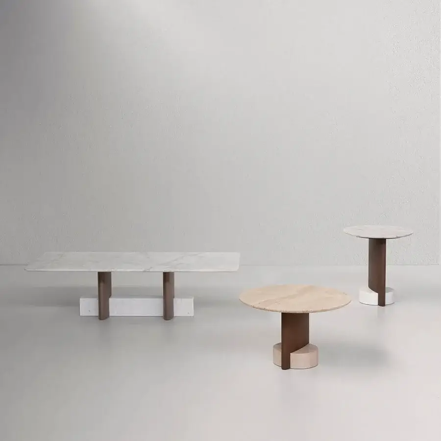 Exceptional Potocco Syn coffee table with a light stone top and intersecting reddish-brown wood parallelepipeds, polished for a contemporary accent