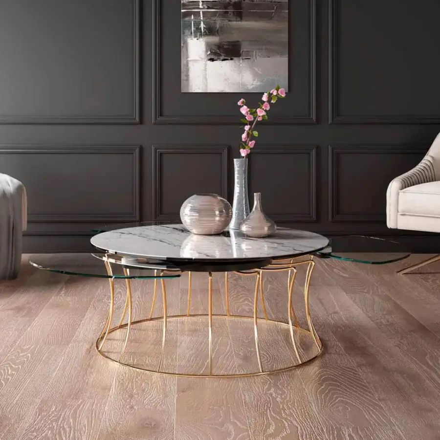 Innovative Naos Les Jeux Sont Faits coffee table with white marble-effect ceramic and glass tabletop plus golden-toned galvanized steel base