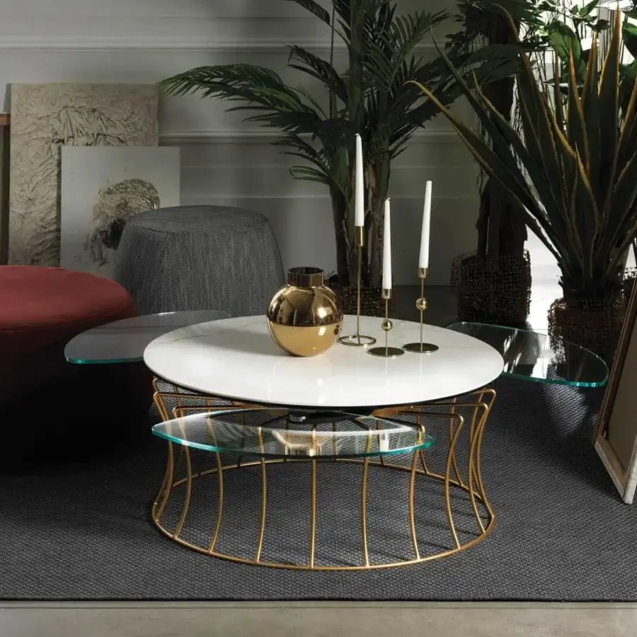 Superior Naos Les Jeux Sont Faits coffee table with ceramic and glass tops plus golden-toned galvanized steel base crafted in Italy