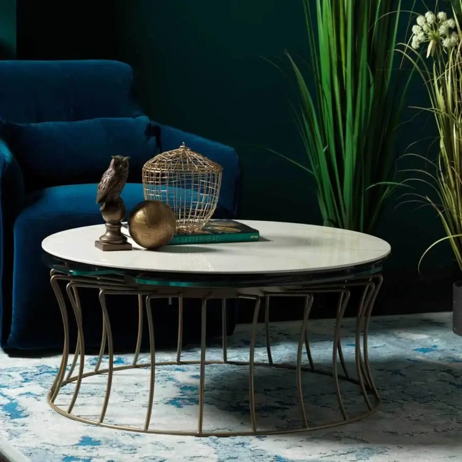 Distinguished Naos Les Jeux Sont Faits coffee table with glossy glass top and golden galvanized steel base crafted with a rotating mechanism