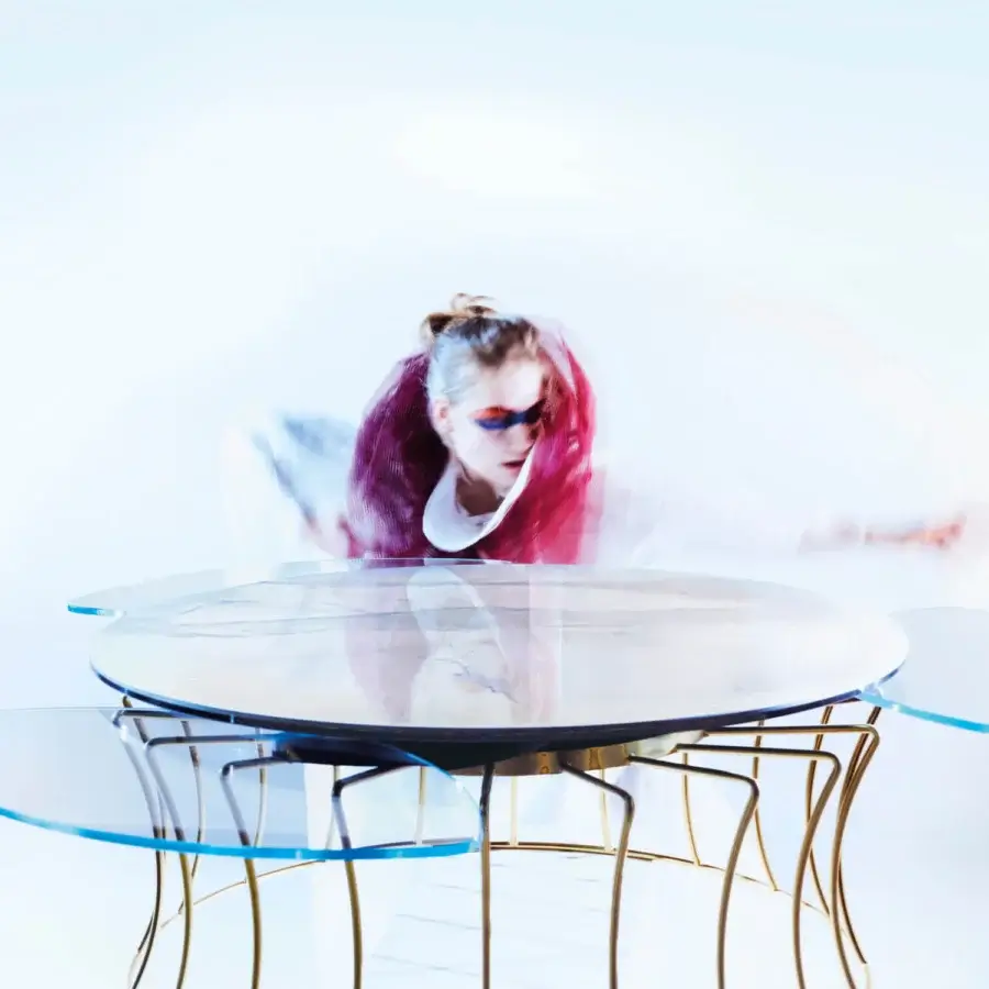 Innovative Naos Les Jeux Sont Faits coffee table with marbled gray and white glass top and golden-toned galvanized steel base