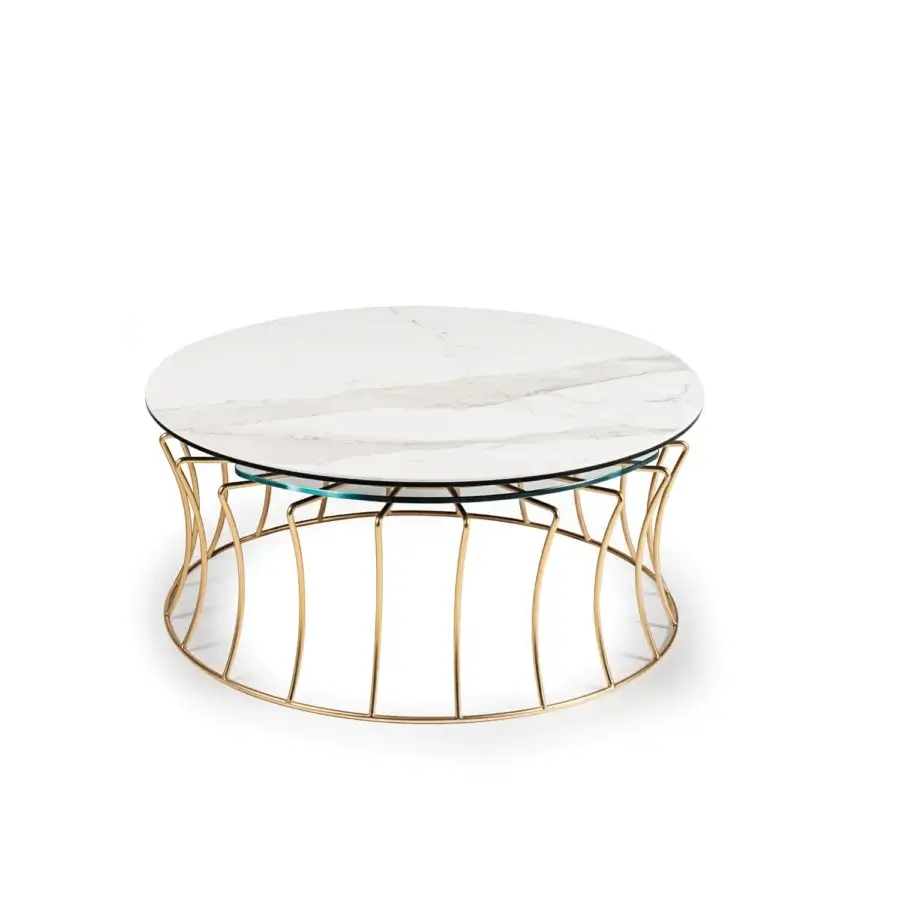 Exceptional Naos Les Jeux Sont Faits coffee table with ceramic and glass tabletop in a polished, white marble-effect finish and gold-toned galvanized steel base