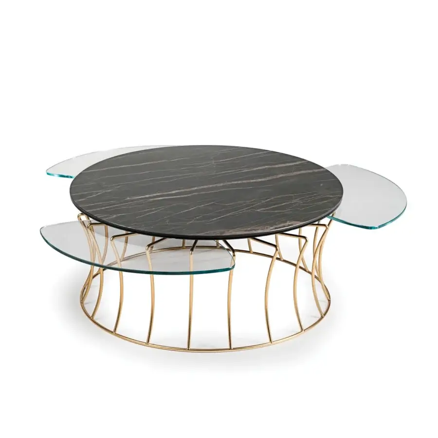 Innovative Naos Les Jeux Sont Faits coffee table crafted with dark ceramic, clear glass and golden satin-finish galvanized steel