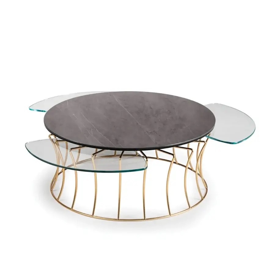 Exceptional Naos Les Jeux Sont Faits coffee table built with dark matte ceramic, transparent glass and golden-toned galvanized steel base