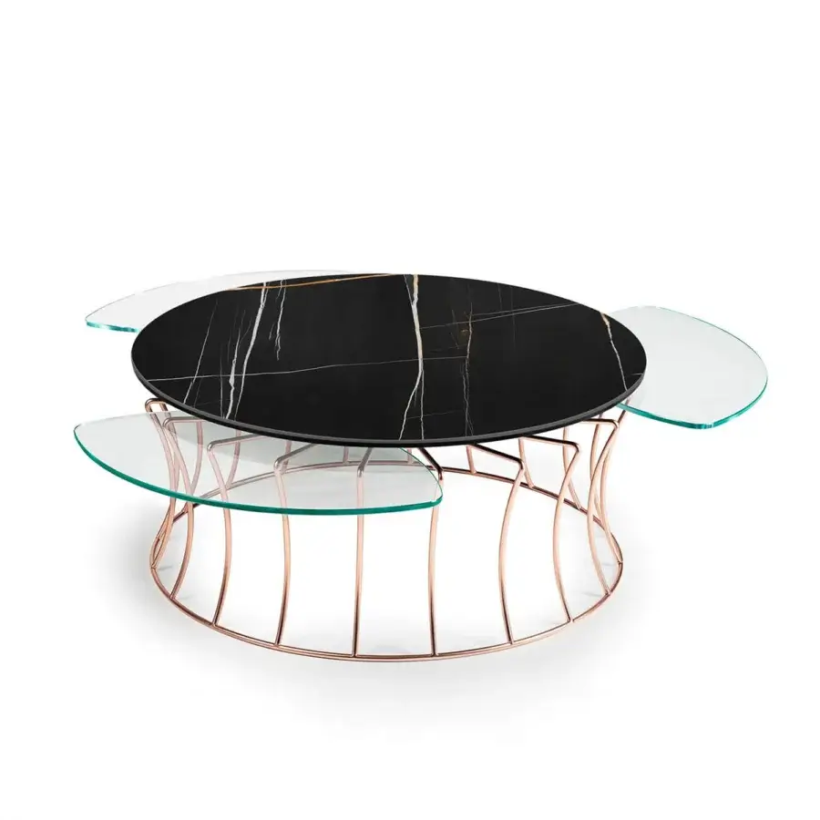 Distinguished Naos Les Jeux Sont Faits coffee table with rotating ceramic and glass tabletop in white veining and rose-gold toned galvanized steel base