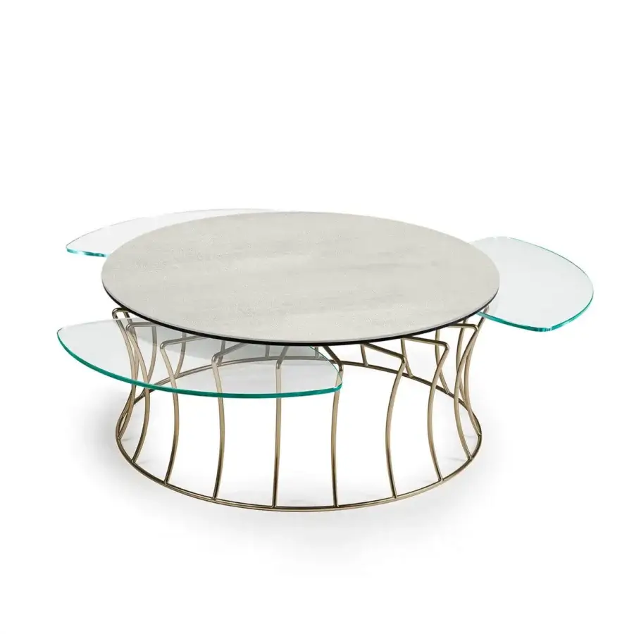 Innovative Naos Les Jeux Sont Faits coffee table with extendable ceramic and glass tops in light grey and transparent with golden galvanized steel base