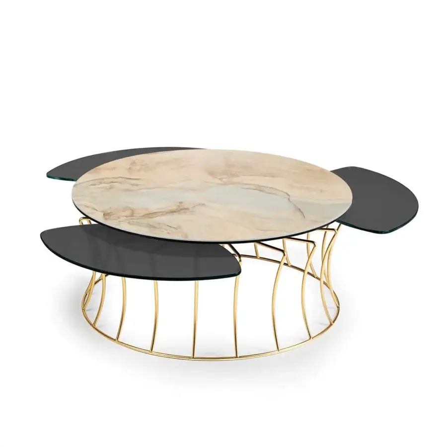 Exceptional Naos Les Jeux Sont Faits coffee table with extendable light ceramic, dark glass, and golden-toned galvanized steel base