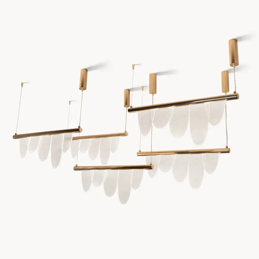 Exceptional Visionnaire Parade suspension lamp with cascading translucent white kiln-cast glass diffusers and brushed gold finish