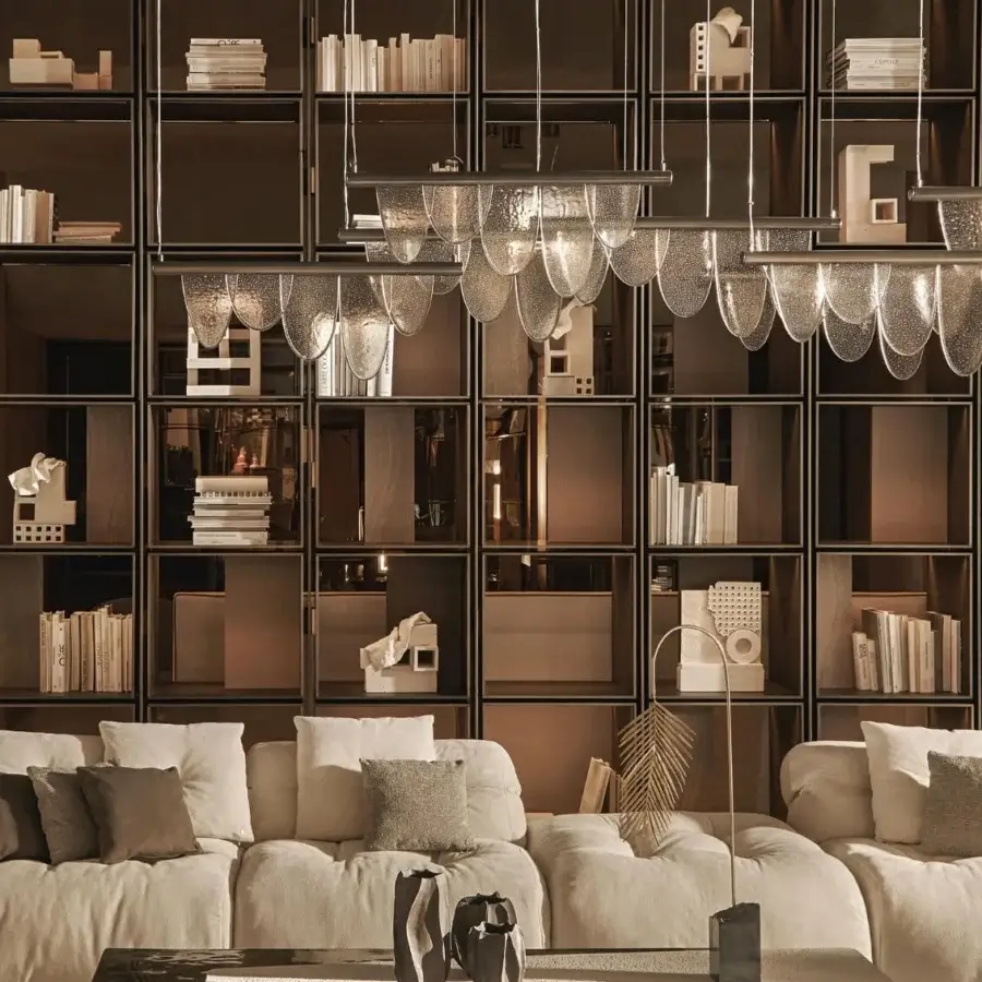 Elegant Visionnaire Parade suspension lamp with five handcrafted clear kiln-cast glass diffusers and dark bronze finish