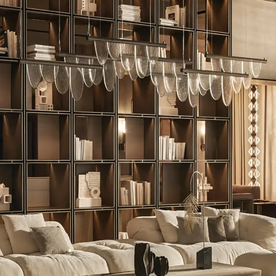 Superior Visionnaire Parade suspension lamp with cascading warm gold kiln-cast glass diffusers and sleek steel support