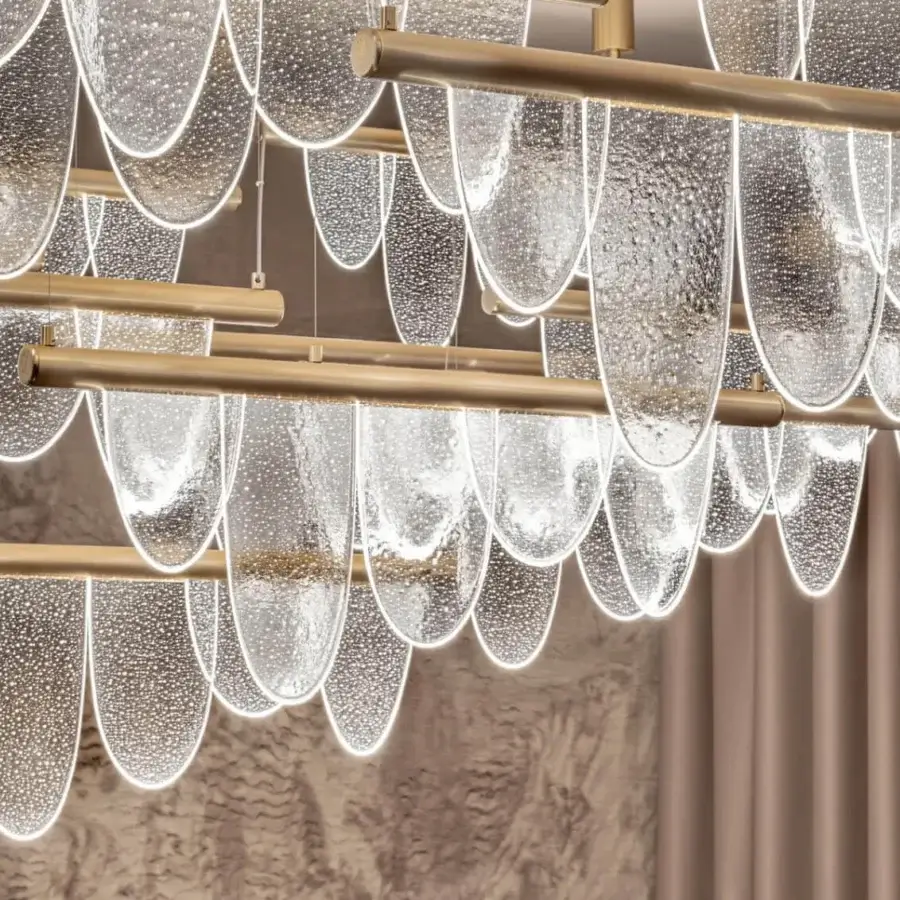 Distinguished Visionnaire Parade suspension lamp with a steel support and five handcrafted kiln-cast glass diffusers in translucent tones