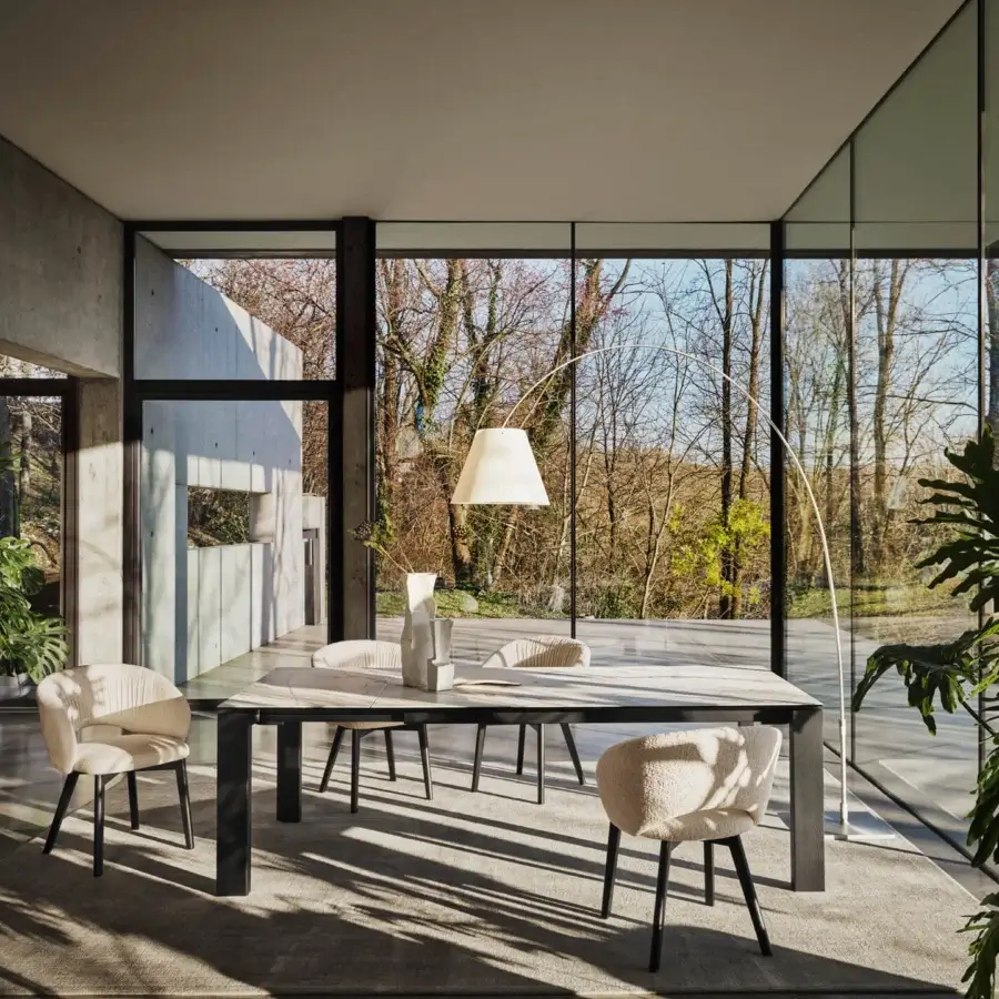 Refined Luceplan Lady Costanza floor lamp with an ultra-light aluminum structure and silkscreened polycarbonate lampshade in off-white and dark gray with a satin finish