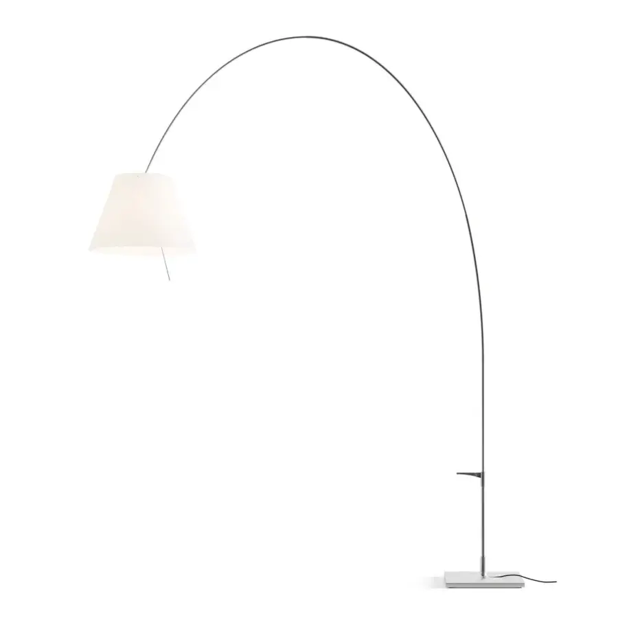 Distinguished Luceplan Lady Costanza floor lamp built with ultra-light aluminum and a silkscreened polycarbonate lampshade in neutral white with satin finish