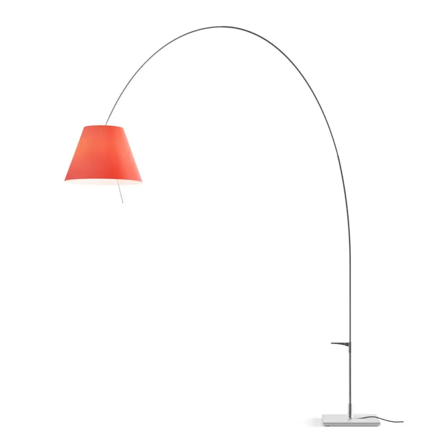 Exceptional Luceplan Lady Costanza floor lamp built with ultra-light aluminum and a red silkscreened polycarbonate lampshade