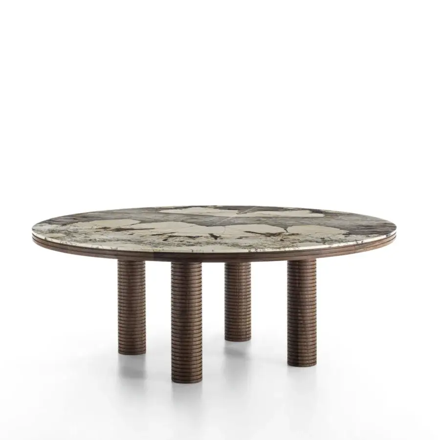 Superior Porada Sansiro round table with swirling green, grey, and white marble and vertically-grooved canaletto walnut legs