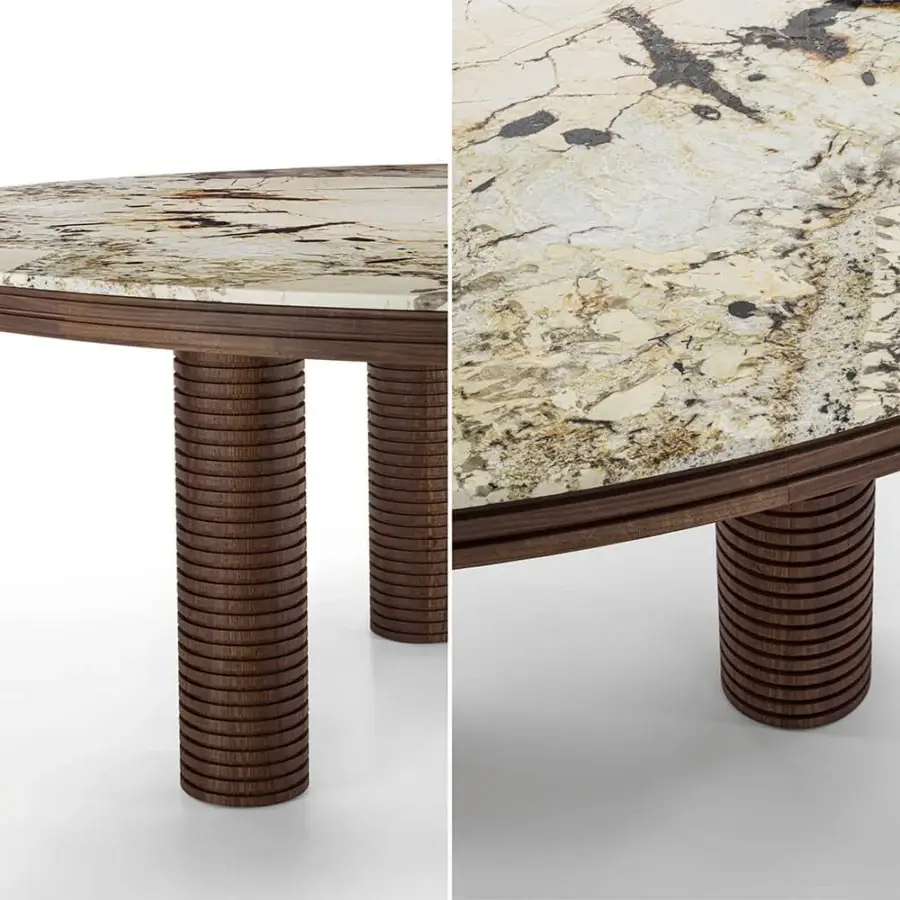 Exceptional Porada Sansiro round table with beige, cream, and grey veined marble top and satin canaletto walnut legs