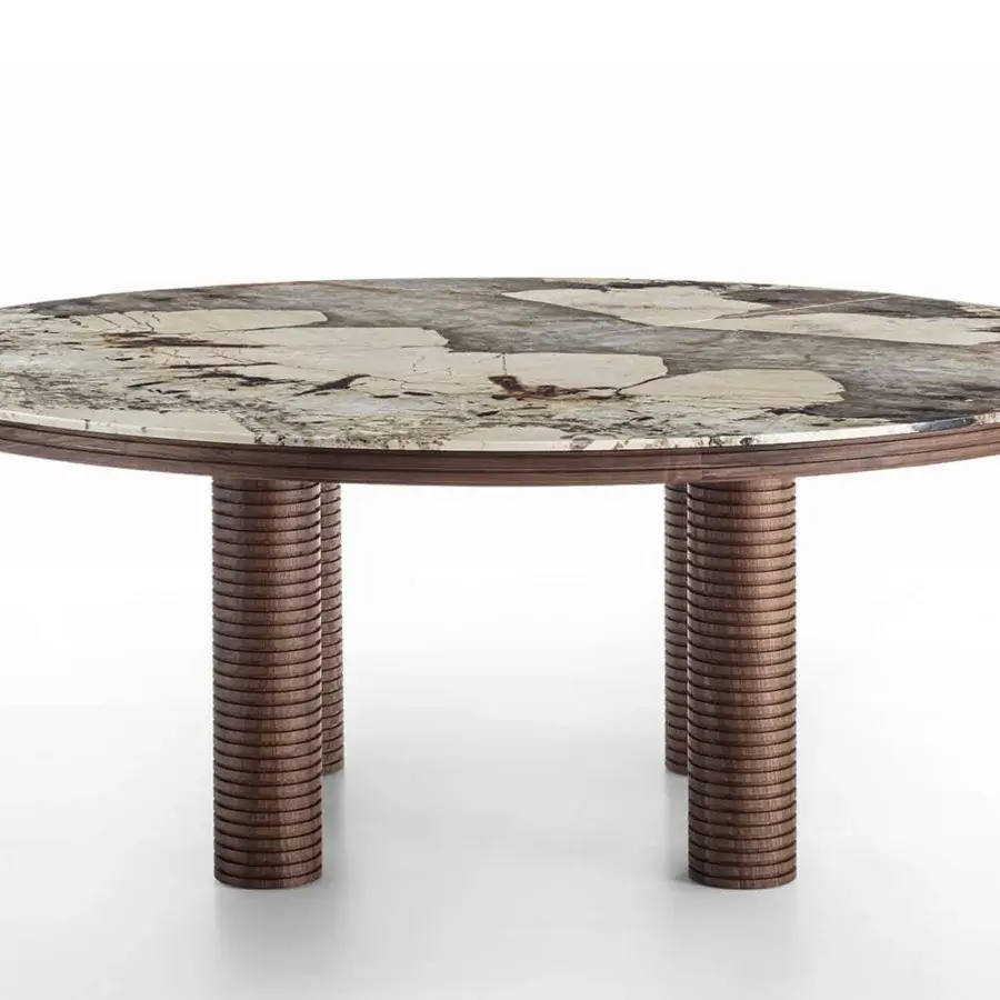 Superior Porada Sansiro round table with fractured beige, gray, and brown marble and ribbed canaletto walnut legs crafted with a polished finish