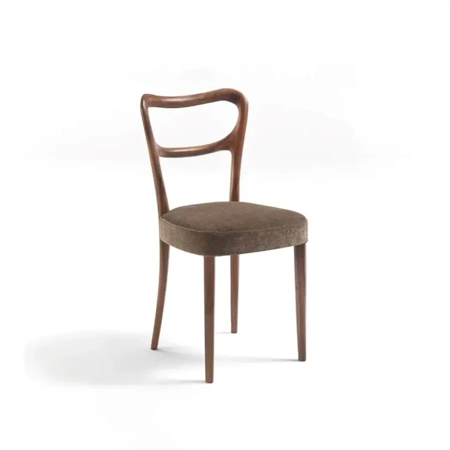 Distinguished Porada Noemi chair with solid Canaletta walnut frame and olive-brown fabric upholstery with satin finish