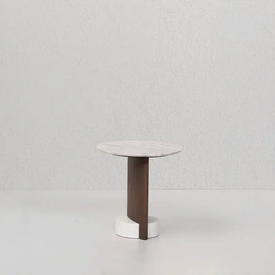 Distinguished Potocco Syn side table with round light marble tabletop and uniquely sculpted intersecting wood base crafted with satin finish