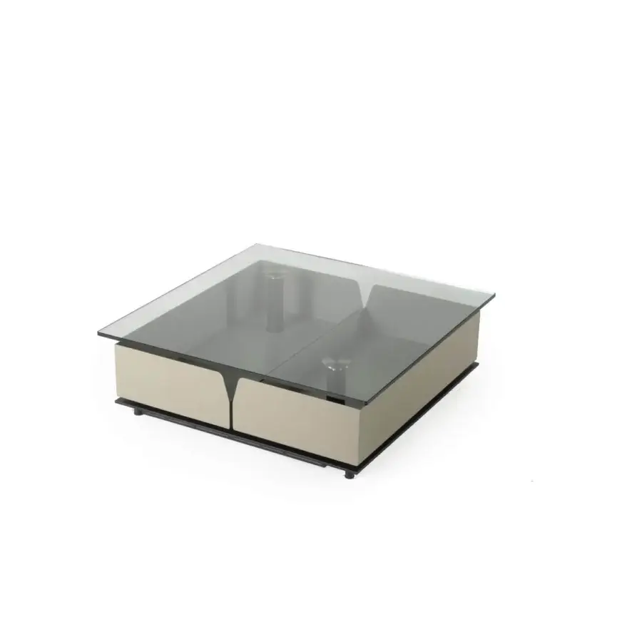 Elegant Naos Shedir coffee table with clear glass top and light beige matte-finished wood base integrating drawers