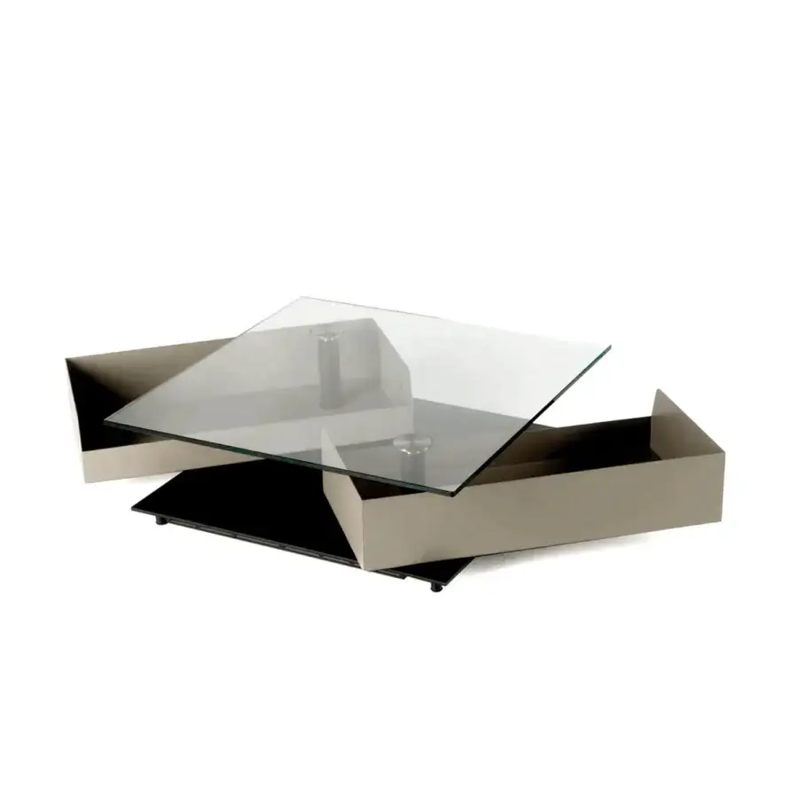 Exceptional Naos Shedir coffee table with square glass top and light beige matte-finished body crafted with angular planes