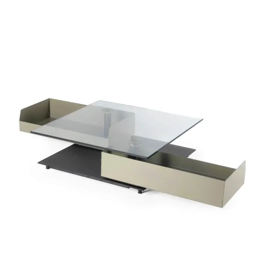 Superior Naos Shedir coffee table with expansive glass tabletop and light beige matte wood base crafted with recessed drawers