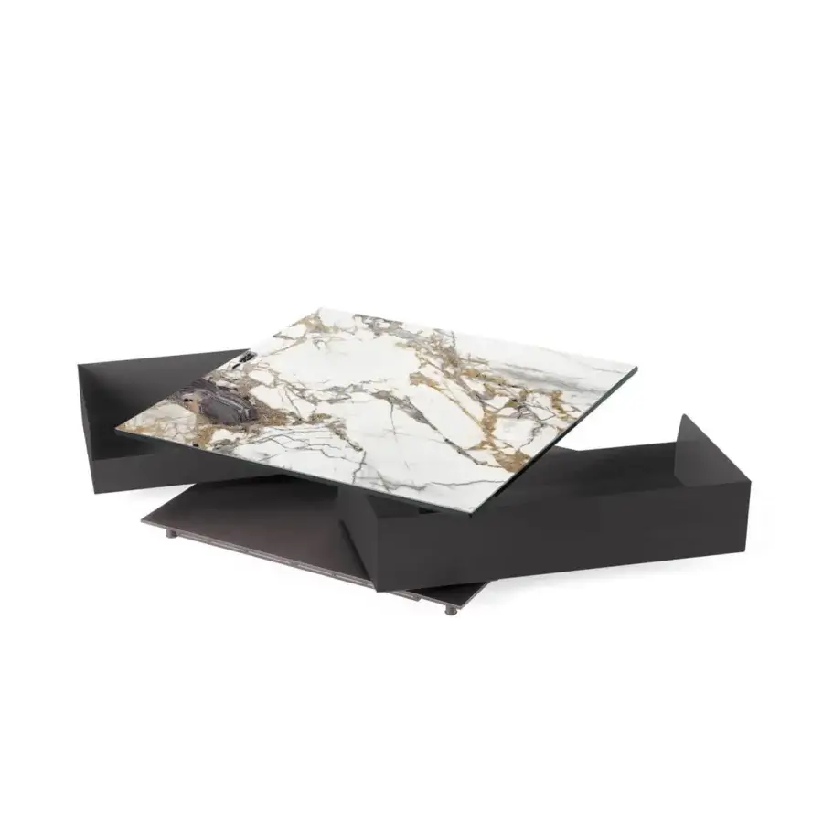 Distinguished Naos Shedir coffee table with white marble patterned glass tabletop and dark matte finished wooden base crafted with an integrated drawer