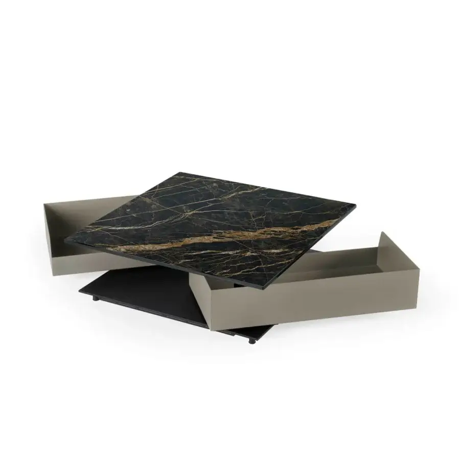 Exceptional Naos Shedir coffee table with dark ceramic tabletop and golden veining, built with neutral beige painted sides