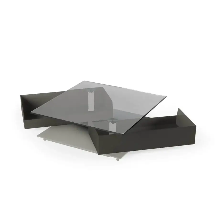 Distinguished Naos Shedir coffee table with square glass top and dark charcoal painted base crafted in a matte finish