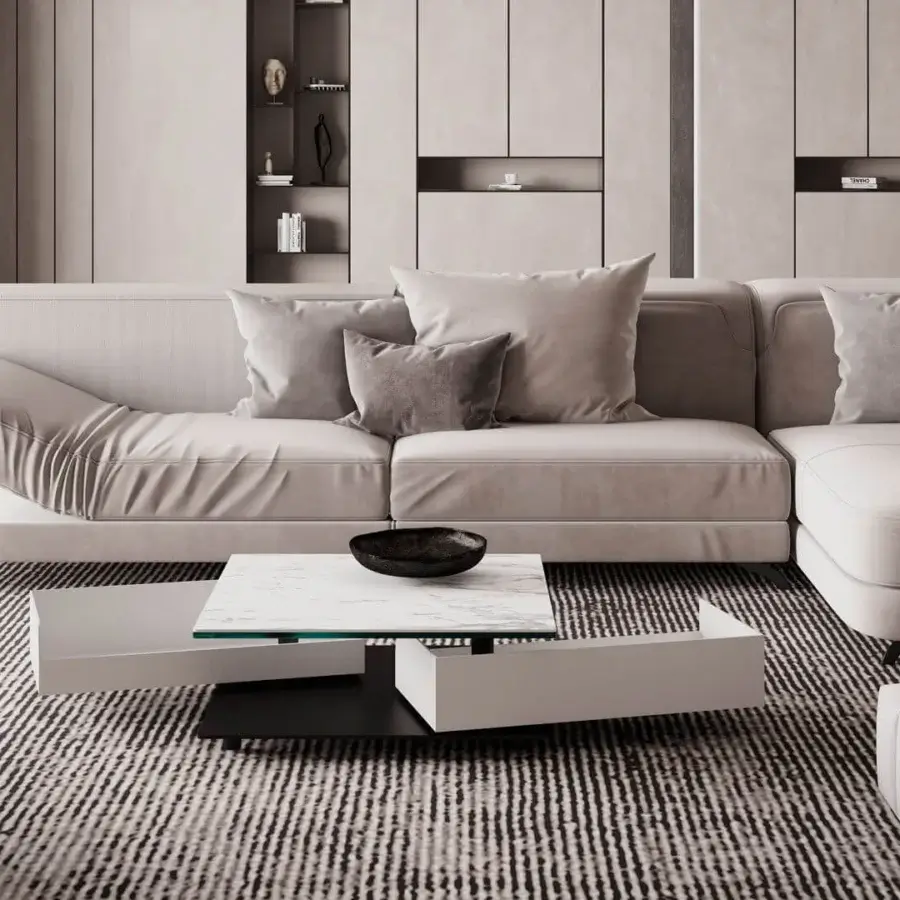 Distinguished Naos Shedir coffee table with white marbled ceramic surface and dark painted finish exhibiting intersecting planes