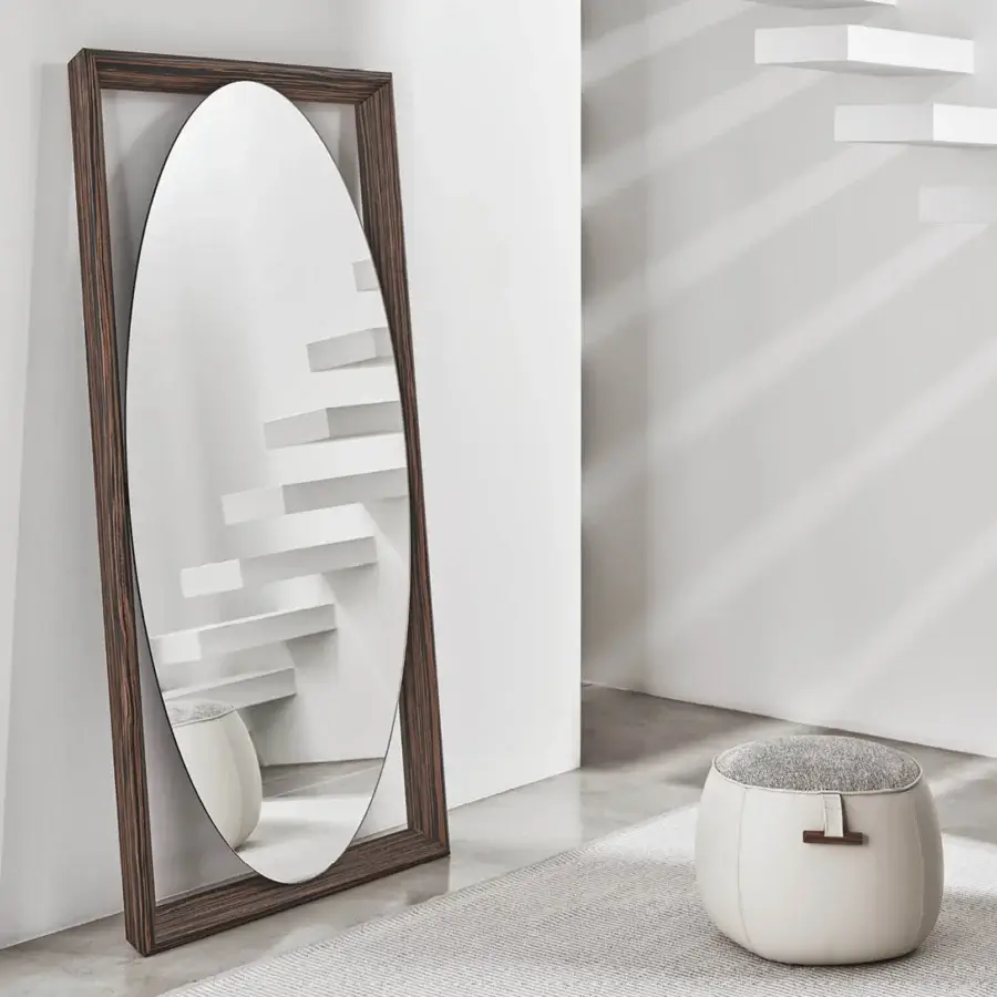 Distinguished Porada Odino mirror crafted with dark brown ash wood and satin finish showcasing beautiful grain