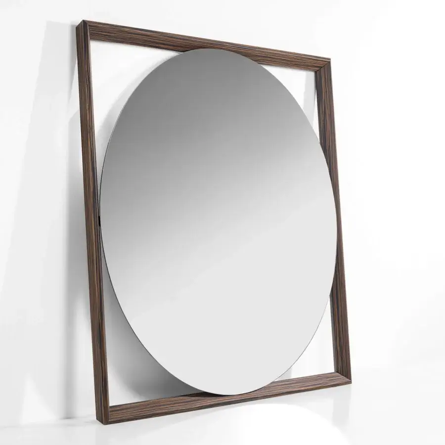 Exceptional Porada Odino mirror with a geometric design in dark brown ash wood and satin finish