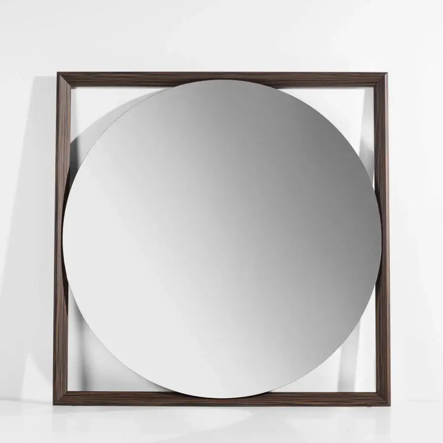 Superior Porada Odino mirror with a square ash-wood frame and circular reflective surface in dark brown satin finish