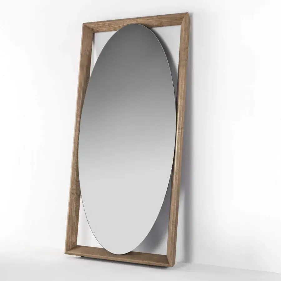 Elegant Porada Odino mirror with a square ash-wood frame surrounding an oval reflective surface and matte brown finish