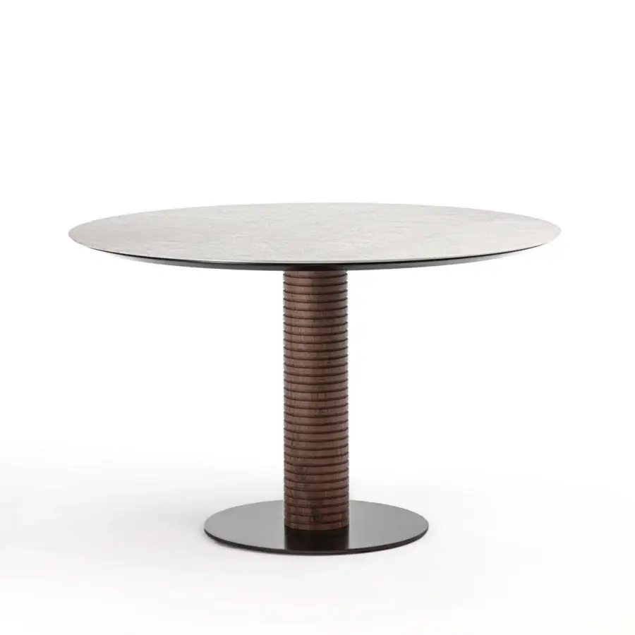 Distinguished Porada Sansiro table with a clear glass top and handcrafted canaletto walnut leg in Bronzoro finish