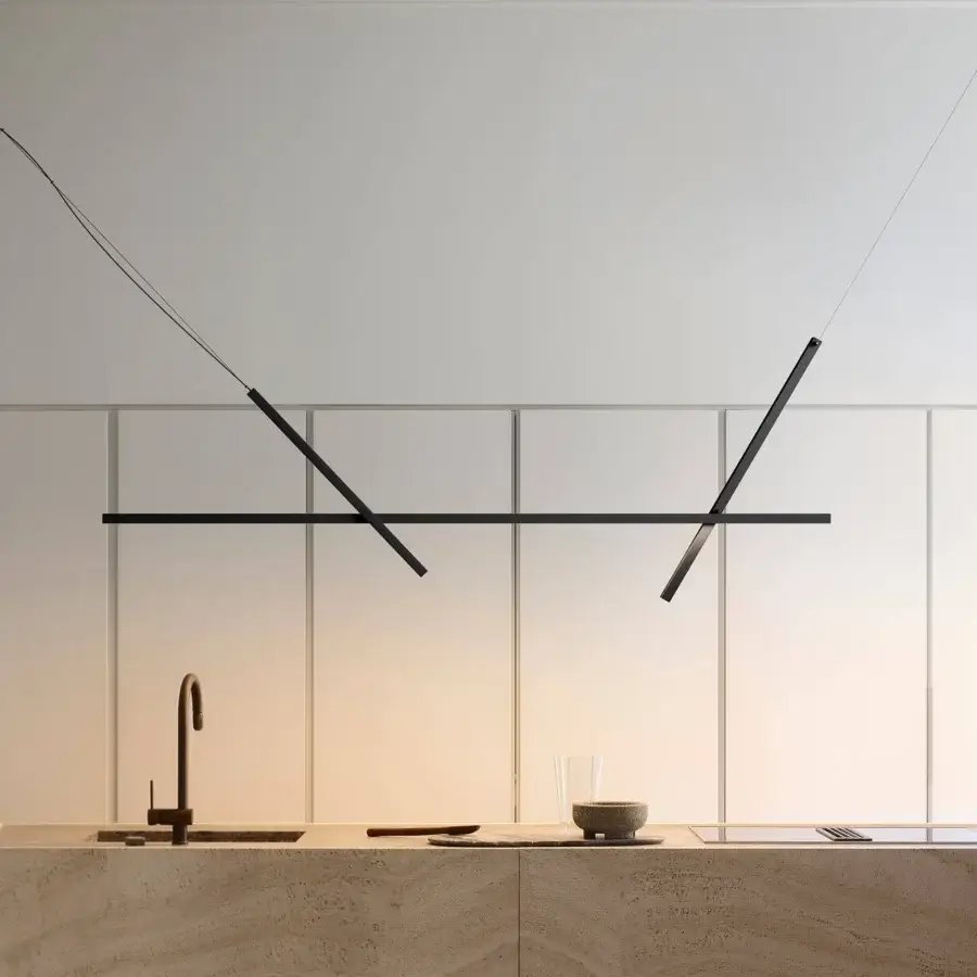 Innovative Luceplan Across suspension lamp with black aluminum and a sleek polycarbonate diffuser for contemporary illumination