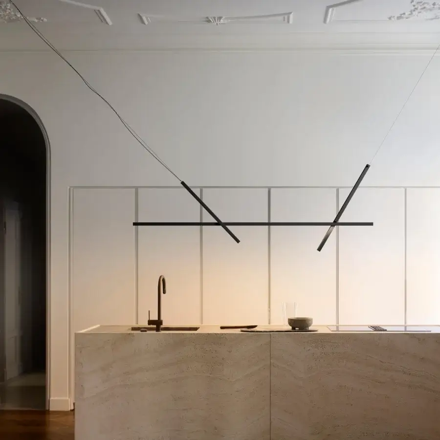 Superior Luceplan Across suspension lamp with interconnected linear axes and a matte black aluminum finish