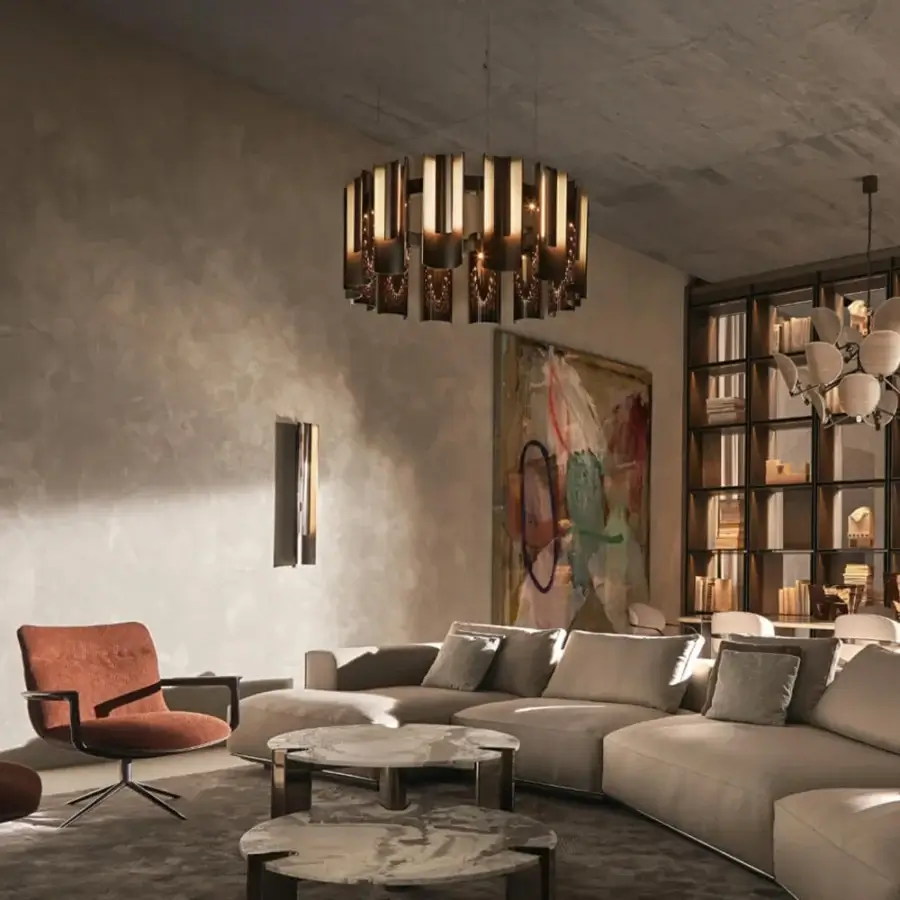 Captivating Visionnaire Polaris chandelier crafted in curved aluminum and polished steel with a muted brown finish