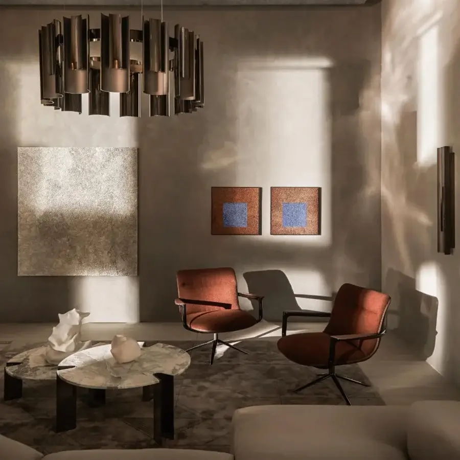 Distinguished Visionnaire Polaris chandelier crafted in bronzed aluminum with a geometric layered design and polished satin finish