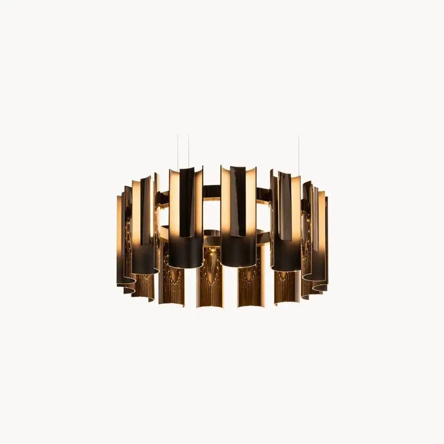 Exceptional Visionnaire Polaris chandelier crafted in curved aluminum with radiant golden polish and satin interiors