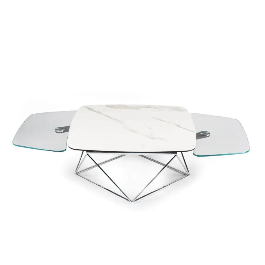 Superior Naos Uptown coffee table with glossy white marble-like ceramic and clear glass, built with a polished steel geometric base