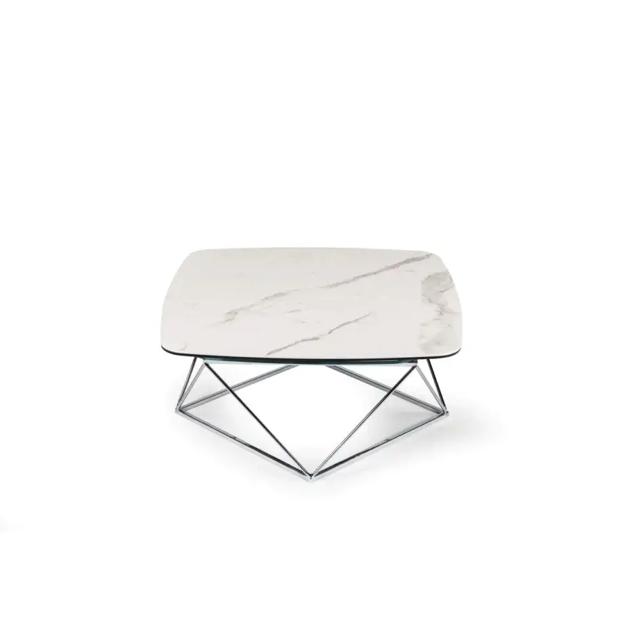 Elegant Naos Uptown coffee table with white ceramic and grey veining atop a polished steel angular base crafted in Italy