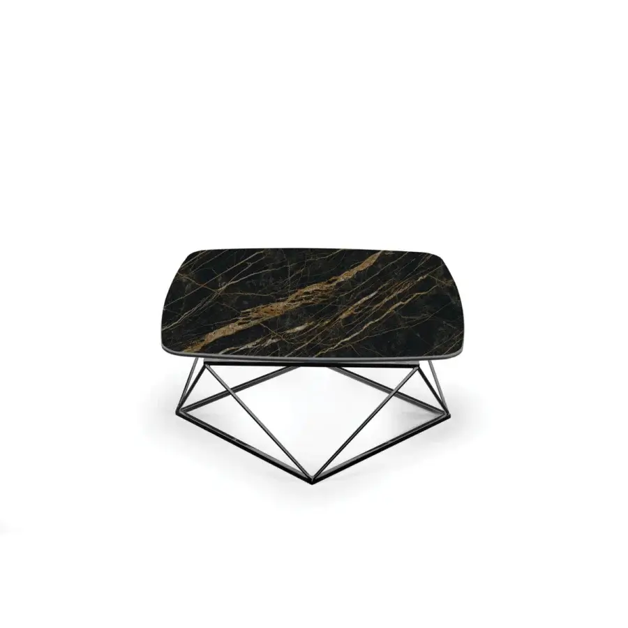 Distinguished Naos Uptown coffee table with black marble ceramic and glass top, built with a matte black galvanized steel base