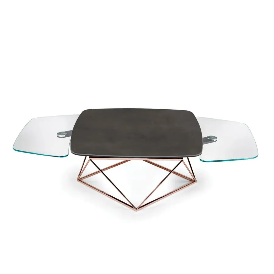 Innovative Naos Uptown coffee table with dark gray textile, ceramic and glass top, plus rose-gold galvanized steel base in satin finish