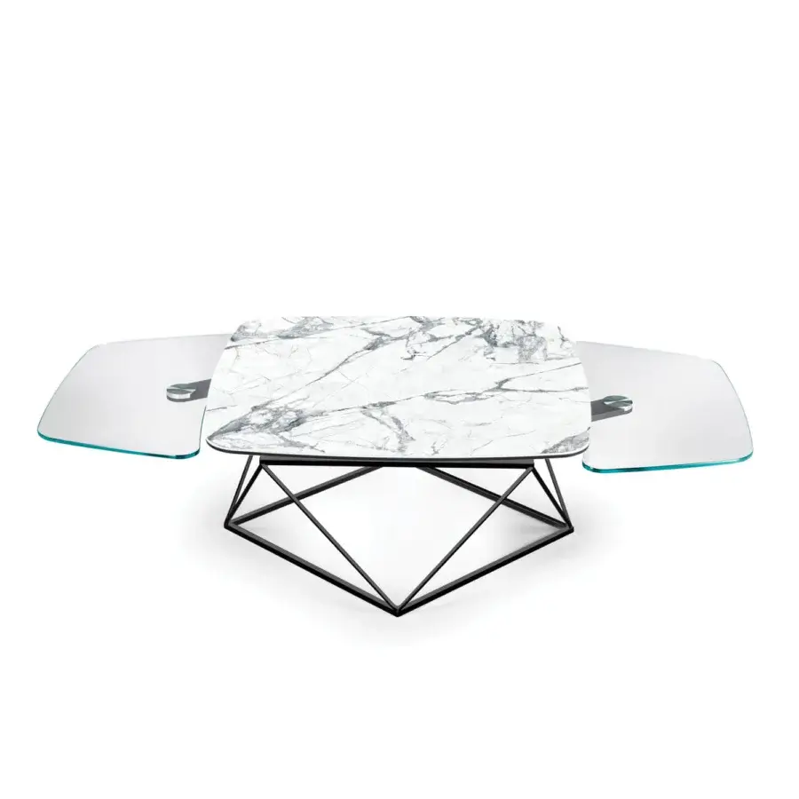 Superior Naos Uptown coffee table with white marble-like ceramic and glass tabletop in matte black galvanized steel construction